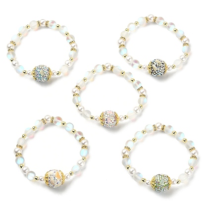 Synthetic Moonstone & Hematite & Plastic Imitation Pearl Beaded Stretch Bracelet, Polymer Clay Rhinestone Disco Ball Beads Bracelet