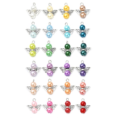 24Pcs 24 Colors Glass Pearl Pendants, with Antique Silver Alloy Finding, Angel