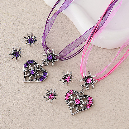 Комплекты из ожерелий и серег-гвоздиков из сплава со стразами, Сердце звездочкой, античное серебро