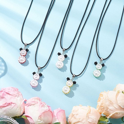 Ожерелья из вощеного хлопкового шнура с подвеской в виде медведя из круглого стеклянного бисера и стеклянного жемчуга для женщин и мужчин