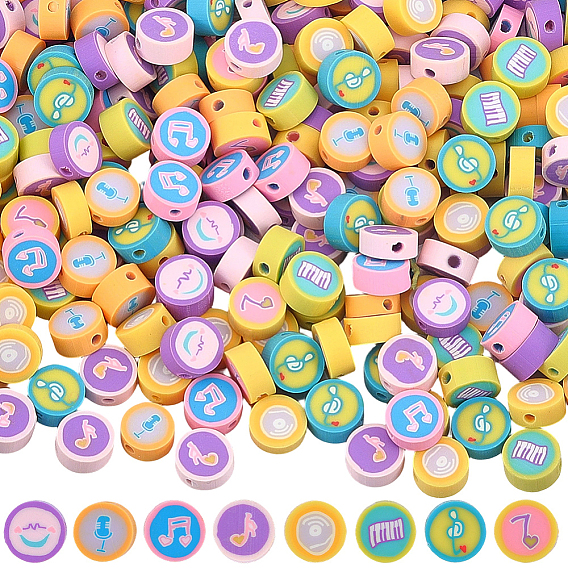 300 бусины из полимерной глины ручной работы., плоские круглые с музыкальным рисунком ноты