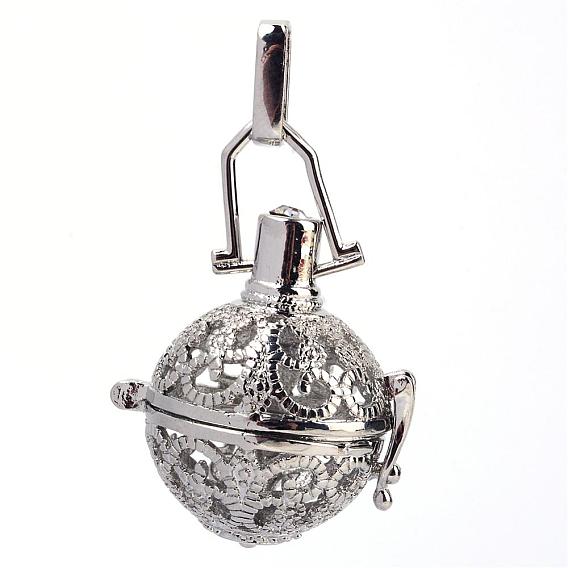 Rack Plating Brass Cage Pendants, For Chime Ball Pendant Necklaces Making, with Rhinestone, Hollow Round