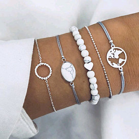 Chic Heart Bead Bracelet Set - 5 Pieces of Creative Map-themed Women's Jewelry