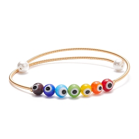 Lampwork Round with Evil Eye Beaded Cuff Bangle with Pearl, Gold Plated Copper Torque Bangle for Women