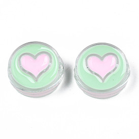 Transparent Acrylic Beads, with Enamel, Flat Round with Heart