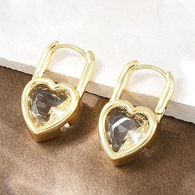 Серьги-кольца из латуни с микропаве и прозрачным кубическим цирконием в форме сердца