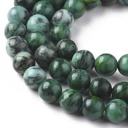 Natural China Silver Leaf Jasper Beads Strands, Dyed & Heated, Round, Green