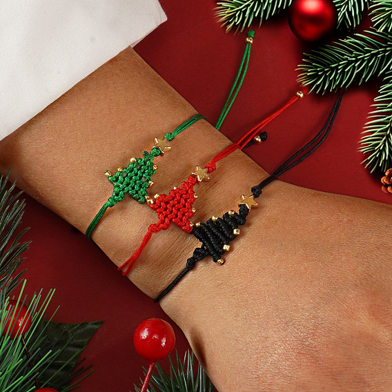 Браслеты ручной работы из полиэстерного шнура в виде рождественской елки, плетеные для женщин., с латунной бисера