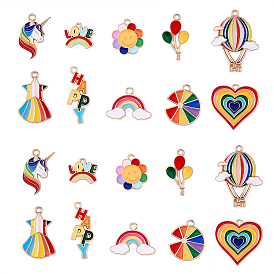 50 шт 10 стиль подвески из сплава эмали, золотой свет, радуга и метеор, слово, цветок, воздушный шар, круг, сердце и единорог