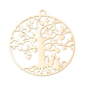 Rack Plating Brass Pendants, Long-Lasting Plated, Hollow, Flat Round with Tree of Life & Cat Charm