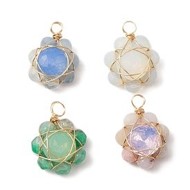 Mixed Gemstone Faceted Flower Pendants, Golden Plated Copper Wire Wrapped Glass Charms, Mixed Dyed and Undyed