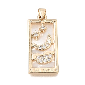Brass Micro Pave Clear Cubic Zirconia Pendants, with Shell, Rectangle with Moon & Star Charms, Rack Plating, Long-Lasting Plated, Cadmium Free & Lead Free