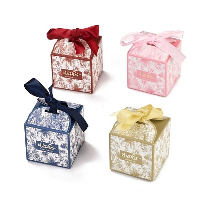 Wedding Theme Folding Gift Boxes, Square with Flower & Word Wishes A GIFT FOR YOU and Ribbon, for Candies Cookies Packaging