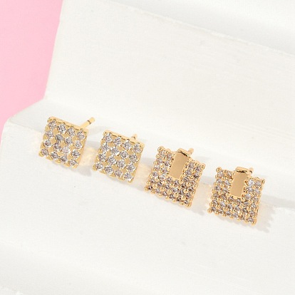 Квадратные серьги-гвоздики из латуни с микропаве из прозрачных кубических цирконий для женщин, без кадмия и без свинца, долговечный, стойки покрытие