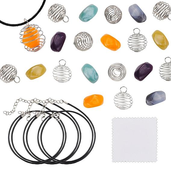 DIY Necklace Making Kits, Including 3Pcs Waxed Cord Necklace Making, 10Pcs Round Iron Wire Pendants, 10Pcs Imitation Gemstone Acrylic Beads, Silver Polishing Cloth