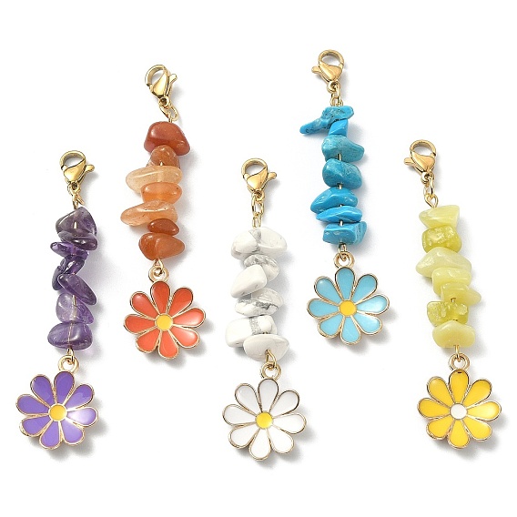 Alloy Enamel Flower Pendant Decorations, Natural & Synthetic Gemstone Chips and 304 Stainless Steel Lobster Claw Clasps Charm