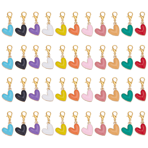 44 шт. 11 стили подвески в форме сердца из цинкового сплава с эмалью, с карабин-лобстерами , золотые