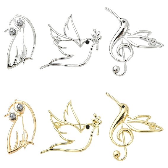6Pcs 6 Styles Alloy Lapel Pins for Clothes, Pigeon & Owl