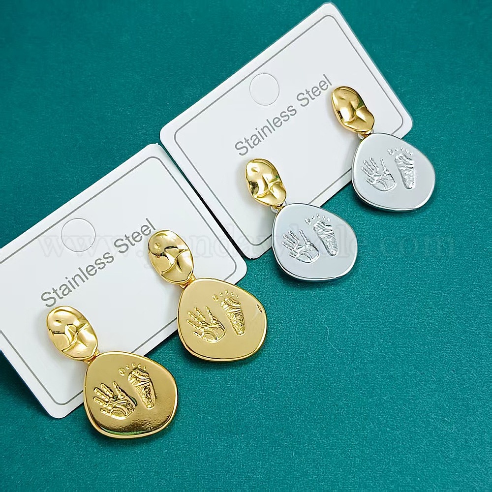 304 Stainless Steel Stud Dangle Earrings, Nuggets with Handprint and Footprint Pattern