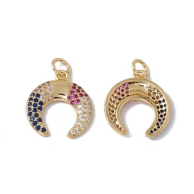 Brass Micro Pave Colorful Cubic Zirconia Pendants, with Jump Ring, Cadmium Free & Nickel Free & Lead Free, Rack Plating, Double Horn/Crescent Moon