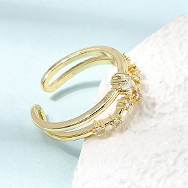 Brass Micro Pave Cubic Zirconia Cuff Open Rings for Women, Star, Long-Lasting Plated, Cadmium Free & Lead Free, Real 18K Gold Plated