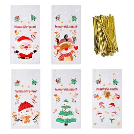 Christams Theme Self-adhesive Plastic Bakeware Bag, with Iron Wire Twist Ties, for Chocolate, Candy, Cookies, Rectangle