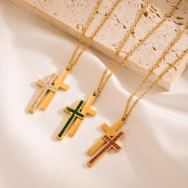 Minimalist Double Layer Cross Pendant Necklace with Colorful Rhinestones for Women's Fashion