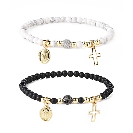 Natural Howlite & Black Agate(Dyed) Beaded Bracelets Sets, Brass Religion Virgin Mary & Cross Charm Bracelet for Women Men