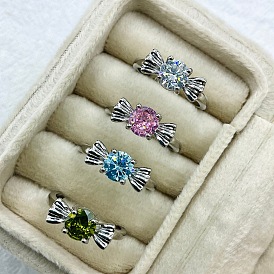 Brass Micro Pave Cubic Zirconia Finger Rings for Women, Candy, Platinum