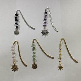 5pcs 5 styles marque-page à crochet en alliage, Marque-page en perles de quartz rose naturel, aventurine verte, agate blanche et améthyste et breloques soleil
