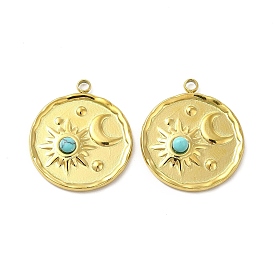 Natural Turquoise Pendants, Flat Round Charms with Moon & Star, with Vacuum Plating Real 18K Gold Plated 201 Stainless Steel Findings