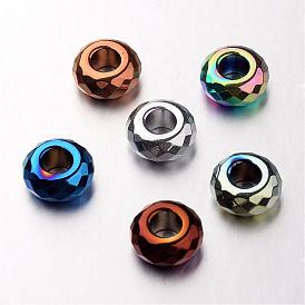Electroplate Non-magnetic Synthetic Hematite European Beads, Faceted, Large Hole Rondelle Beads, 14x6mm, Hole: 6mm