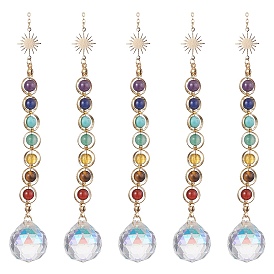 Glass Teardrop Pendant Decorations, Suncatchers Hanging, with 7 Chakra Natural Gemstone Bead and Sun Brass Link