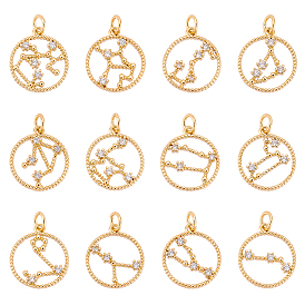 SUPERFINDINGS 12Pcs 12 Style Brass Micro Pave Cubic Zirconia Pendants, Long-Lasting Plated, Real 18K Gold Plated, Flat Round with Constellation