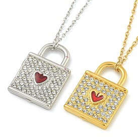 304 Stainless Steel Crystal Rhinestone Lock Pendant Necklaces, with Dark Red Enamel