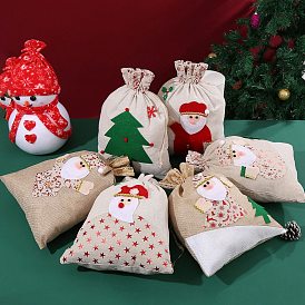 Bolsas de cordón impresas de yute navideño, suministros de almacenamiento de dulces rectangulares