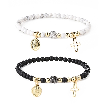 Natural Howlite & Black Agate(Dyed) Beaded Bracelets Sets, Brass Religion Virgin Mary & Cross Charm Bracelet for Women Men