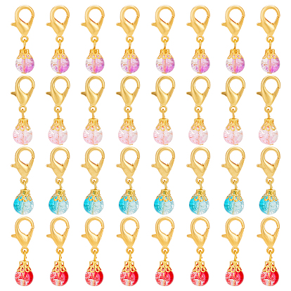 80 шт. круглые стеклянные бусины с эффектом потрескивания, расписанные в технике выпечки, круглые подвесные украшения, Сплав с застежками когтя омара, подвески на клипсах, для брелка, кошелек, украшение для рюкзака, маркер стежка