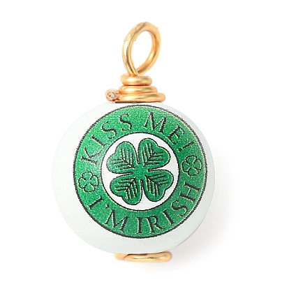 Saint Patrick's Day Printed Wood Pendants, Golden Tone Copper Wire Wrapped Round Charms