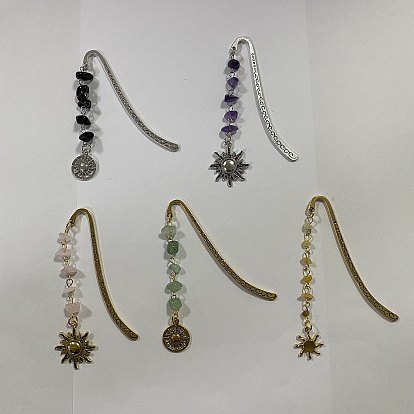 5pcs 5 styles marque-page à crochet en alliage, Marque-page en perles de quartz rose naturel, aventurine verte, agate blanche et améthyste et breloques soleil