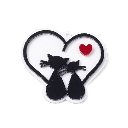 Acrylic Pendants, Heart with Cat Pattern