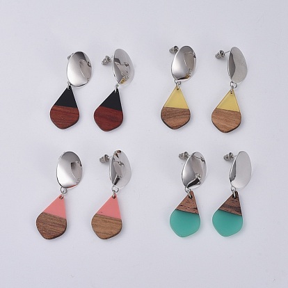 Ear Studs, with 304 Stainless Steel Findings, Brass Findings and Resin & Wood Pendants, Drop