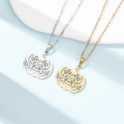 Хэллоуин 304 Кулон из нержавеющей стали в виде полой тыквы с цветочным узором, цепочка-косуха для мужчин и женщин