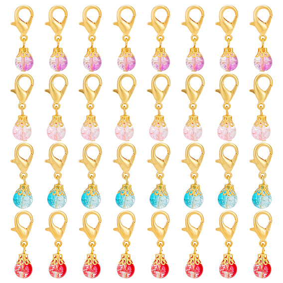 80 шт. круглые стеклянные бусины с эффектом потрескивания, расписанные в технике выпечки, круглые подвесные украшения, Сплав с застежками когтя омара, подвески на клипсах, для брелка, кошелек, украшение для рюкзака, маркер стежка