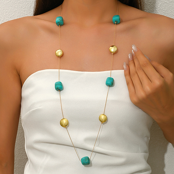 Длинные ожерелья из кубической акриловой и железной плоской круглой цепочки для женщин, золотые