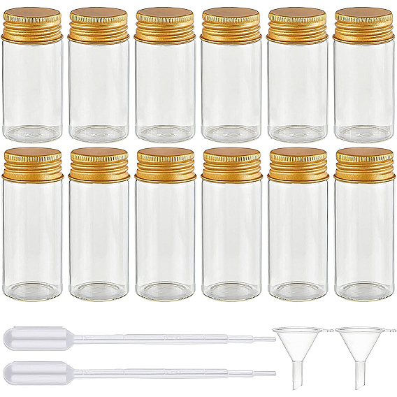 Round Glass Storage Containers for Cosmetic, Candles, Candies, with Aluminium Screw Top Lid, Plastic Funnel Hopper & Transfer Pipettes
