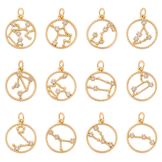 12 шт. 12 кулоны из латуни с микропаве и кубическим цирконием, долговечный, реальный 18 k позолоченный, плоские круглые с созвездием