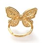 Adjustable Brass Micro Pave Clear Cubic Zirconia Finger Rings, Long-Lasting Plated, Butterfly
