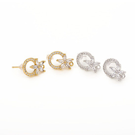 Brass Stud Earring Findings, with Loops, Clear Cubic Zirconia and Ear Nuts, Ring with Flower