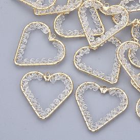 Glass Pendants, Wire Wrapped Pendants, with Real 18K Gold Plated Brass Wires and Open Back Bezel Pendants, Nickel Free, Heart